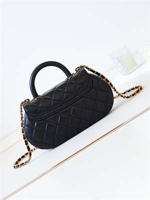 Cha.nel Flap Bag With Top Handle Lambskin Gold Tone Metal Black AS4569