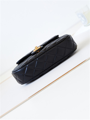 Cha.nel Flap Bag With Top Handle Lambskin Gold Tone Metal Black AS4569