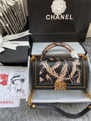 Cha.nel Medium Leboy Bag With Top Handle Python Leather Gold Metal A94804