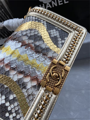 Cha.nel Medium Leboy Bag With Top Handle Python Leather Gold Metal A94804