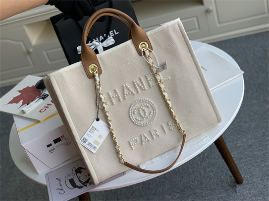 Cha.nel Deauville Large Shopping Bag Bead Mixed Fibers Gold Tone Metal Cream A66941