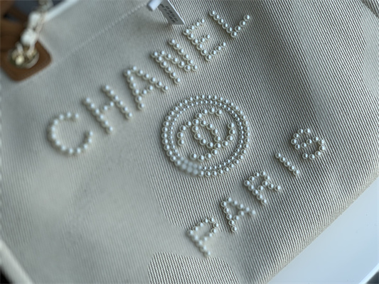 Cha.nel Deauville Large Shopping Bag Bead Mixed Fibers Gold Tone Metal Cream A66941