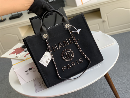 Cha.nel Deauville Large Shopping Bag Bead Mixed Fibers Gold Tone Metal Black A66941
