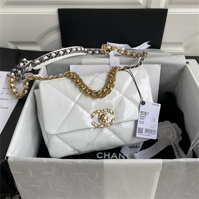 Cha.nel 19 Handbag Shiny Aged Calfskin Gold Double C Metal White AS1160