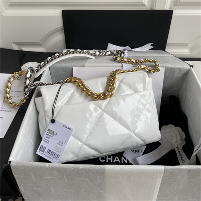 Cha.nel 19 Handbag Shiny Aged Calfskin Gold Double C Metal White AS1160