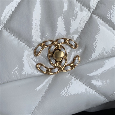 Cha.nel 19 Large Handbag Shiny Aged Calfskin Gold Double C Metal White AS1161