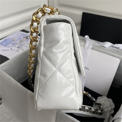 Cha.nel 19 Large Handbag Shiny Aged Calfskin Gold Double C Metal White AS1161