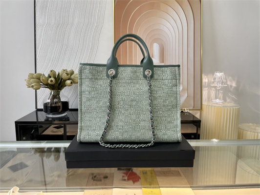 Cha.nel Deauville Large Shopping Bag Mixed Fibers Silver Tone Metal Lt Green A66941