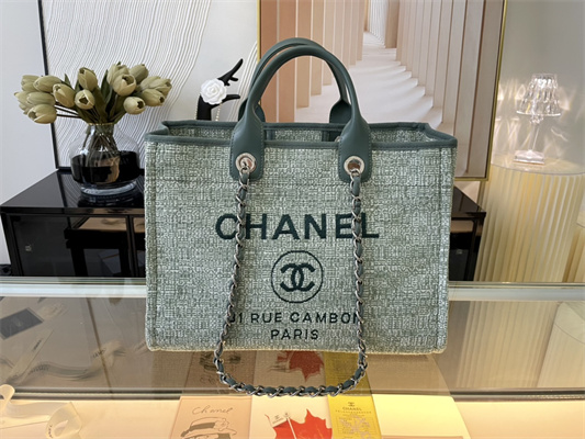 Cha.nel Deauville Large Shopping Bag Mixed Fibers Silver Tone Metal Lt Green A66941