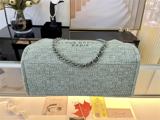 Cha.nel Deauville Large Shopping Bag Mixed Fibers Silver Tone Metal Lt Green A66941
