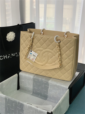 Cha.nel Shopping Bag Grained Calfskin Gold Tone Metal Beige A50995