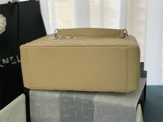 Cha.nel Shopping Bag Grained Calfskin Silver Tone Metal Beige A50995