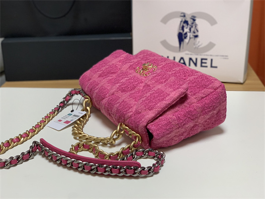 Cha.nel 19 Large Handbag Wool Tweed Gold Double C Metal Fuchsia AS1161