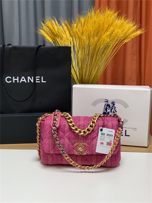 Chanel 19 Handbag Wool Tweed Gold Double C Metal Fuchsia AS1160