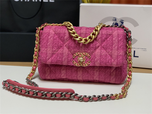 Chanel 19 Handbag Wool Tweed Gold Double C Metal Fuchsia AS1160