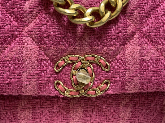 Chanel 19 Handbag Wool Tweed Gold Double C Metal Fuchsia AS1160