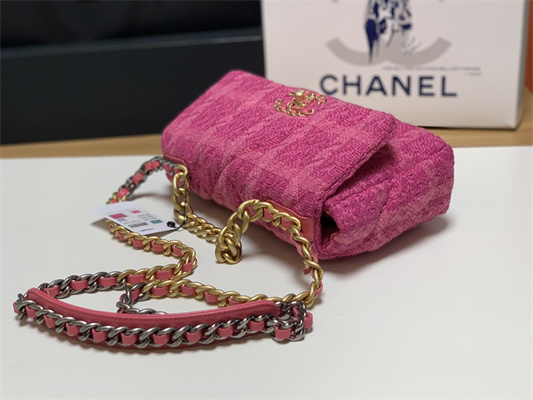 Chanel 19 Handbag Wool Tweed Gold Double C Metal Fuchsia AS1160