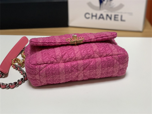Chanel 19 Handbag Wool Tweed Gold Double C Metal Fuchsia AS1160