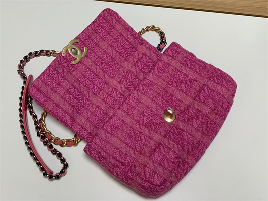 Chanel 19 Handbag Wool Tweed Gold Double C Metal Fuchsia AS1160