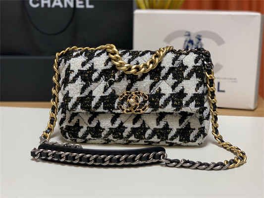Chanel 19 Handbag Wool Tweed Gold Double C Metal Black/White AS1160
