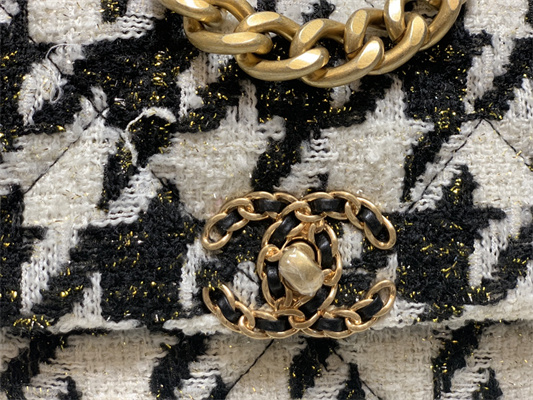 Chanel 19 Handbag Wool Tweed Gold Double C Metal Black/White AS1160