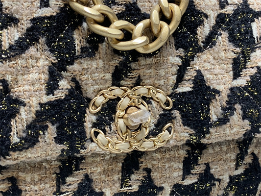 Chanel 19 Handbag Wool Tweed Gold Double C Metal Black/Beige AS1160