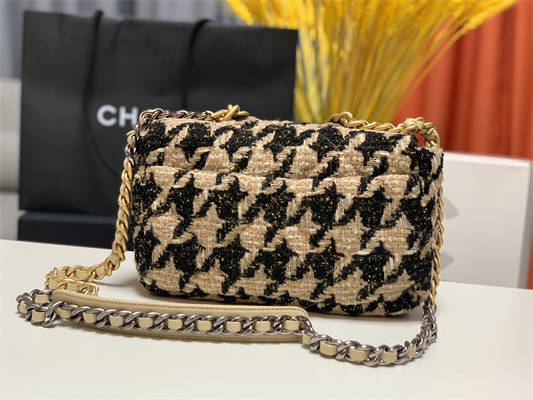 Chanel 19 Handbag Wool Tweed Gold Double C Metal Black/Beige AS1160