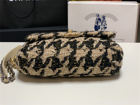 Chanel 19 Handbag Wool Tweed Gold Double C Metal Black/Beige AS1160