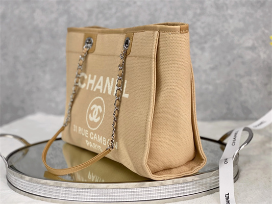 Cha.nel Deauville MM Shopping Bag Mixed Fibers Silver Tone Metal Beige A67001