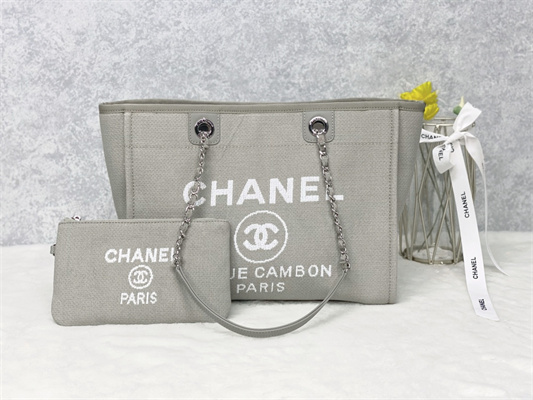 Cha.nel Deauville MM Shopping Bag Mixed Fibers Silver Tone Metal Grey A67001