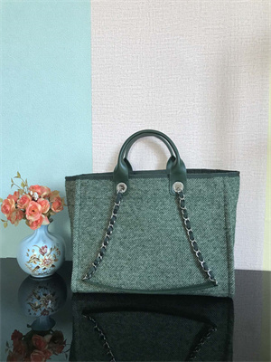 Cha.nel Deauville Large Shopping Bag Mixed Fibers Silver Tone Metal Green A66941