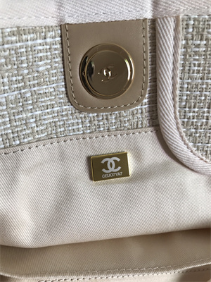 Cha.nel Deauville Large Shopping Bag Mixed Fibers Gold Tone Metal Beige A66941