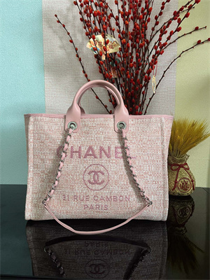 Cha.nel Deauville Large Shopping Bag Mixed Fibers Silver Tone Metal Pink A66941