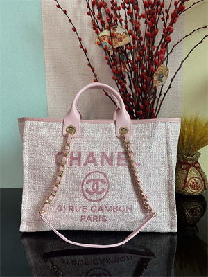 Cha.nel Deauville Large Shopping Bag Mixed Fibers Gold Tone Metal Pink A66941
