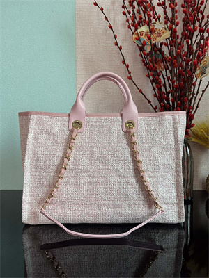 Cha.nel Deauville Large Shopping Bag Mixed Fibers Gold Tone Metal Pink A66941