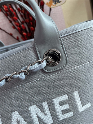 Cha.nel Deauville Large Shopping Bag Mixed Fibers Silver Tone Metal Grey Blue A66941