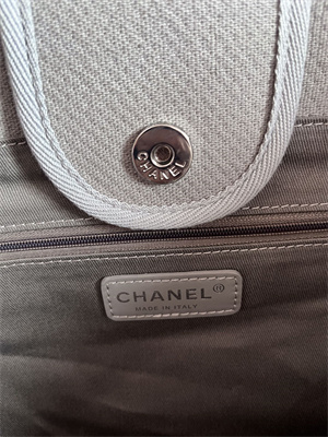 Cha.nel Deauville Large Shopping Bag Mixed Fibers Silver Tone Metal Grey Blue A66941