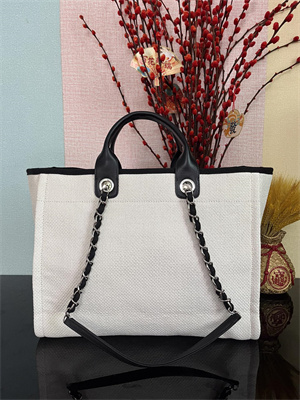 Cha.nel Deauville Large Shopping Bag Mixed Fibers Silver Tone Metal Cream A66941
