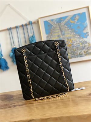 Cha.nel Vintage Large Shopping Bag Calfskin Gold Tone Metal Black A99