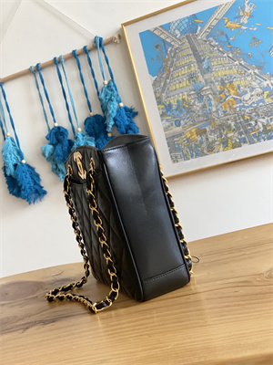 Cha.nel Vintage Shopping Bag Calfskin Gold Tone Metal Black A98