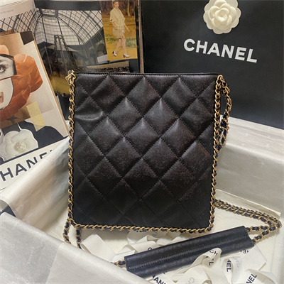 Cha.nel Shopping Bag Grained Calfskin Gold Tone Metal Black A33200