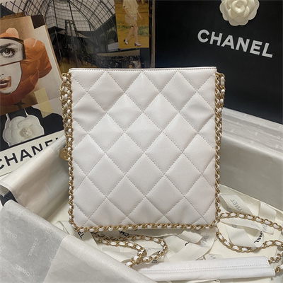 Cha.nel Shopping Bag Grained Calfskin Gold Tone Metal White A33200