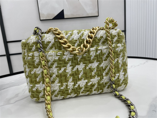 Cha.nel 19 Large Handbag Wool Tweed Gold Double C Metal Green/White AS1161