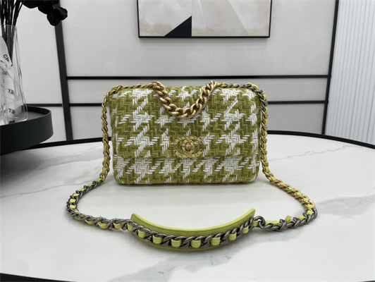 Chanel 19 Handbag Wool Tweed Gold Double C Metal Green/White AS1160