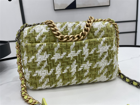 Chanel 19 Handbag Wool Tweed Gold Double C Metal Green/White AS1160