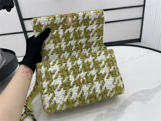 Chanel 19 Handbag Wool Tweed Gold Double C Metal Green/White AS1160