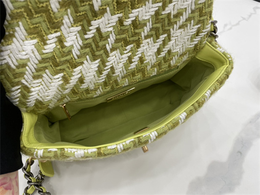 Chanel 19 Handbag Wool Tweed Gold Double C Metal Green/White AS1160