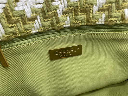 Chanel 19 Handbag Wool Tweed Gold Double C Metal Green/White AS1160