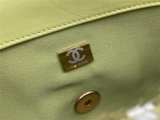 Chanel 19 Handbag Wool Tweed Gold Double C Metal Green/White AS1160