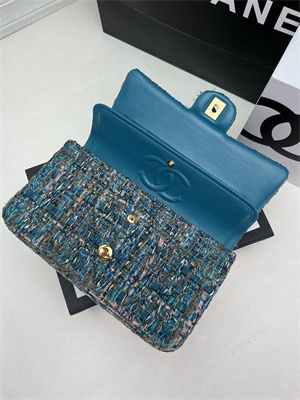 Cha.nel Medium Classic Flap Bag Tweed Gold Tone Metal Blue A01112